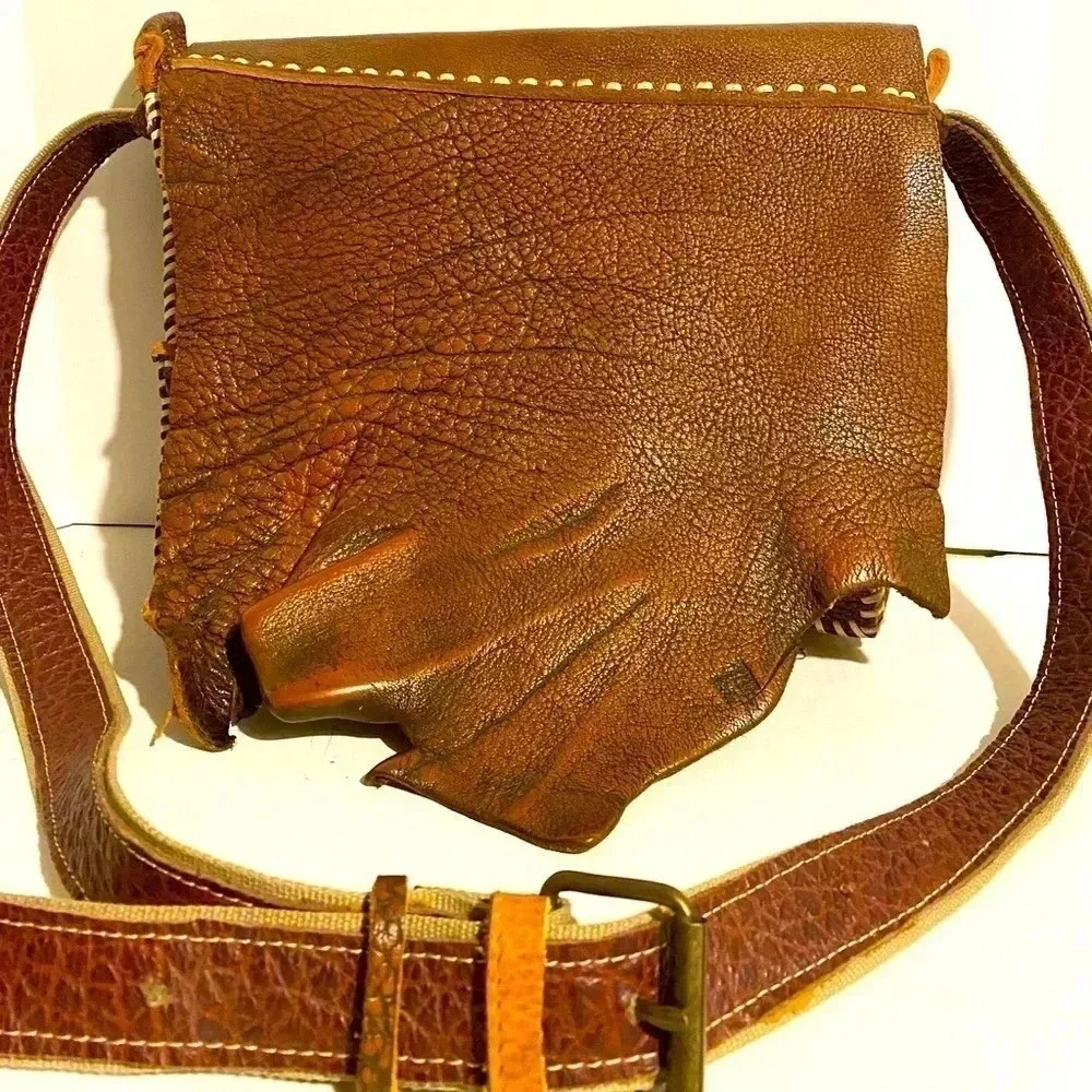 Handmade vintage brown sheepskin leather unisex bag